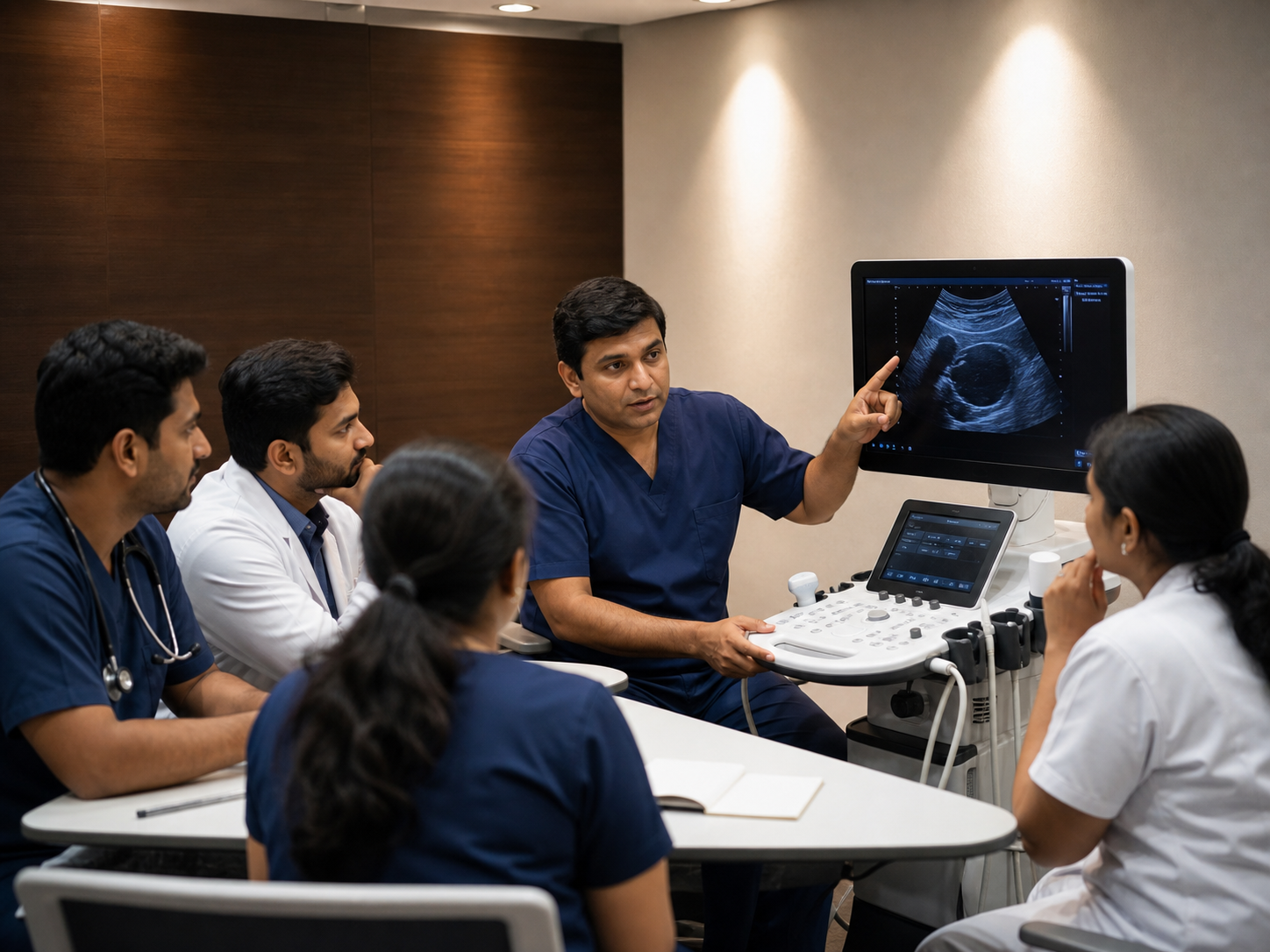 Healthcare professionals taking part in a clinical ultrasound teaching session