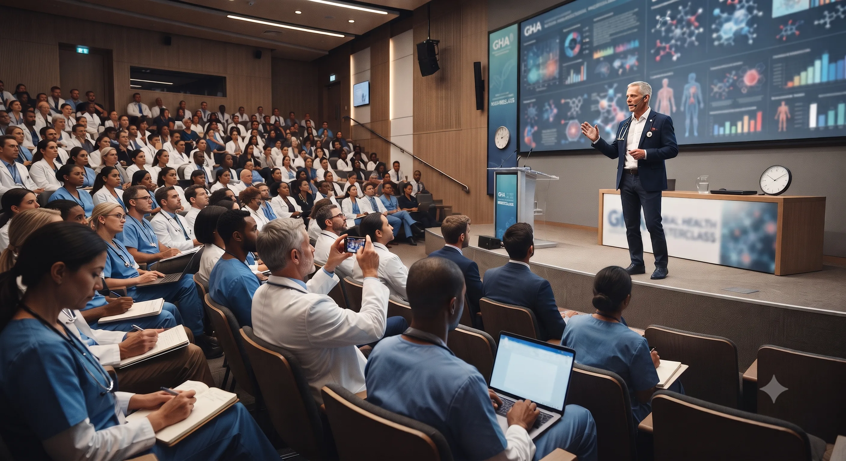 A speaker addressing healthcare professionals at a medical conference