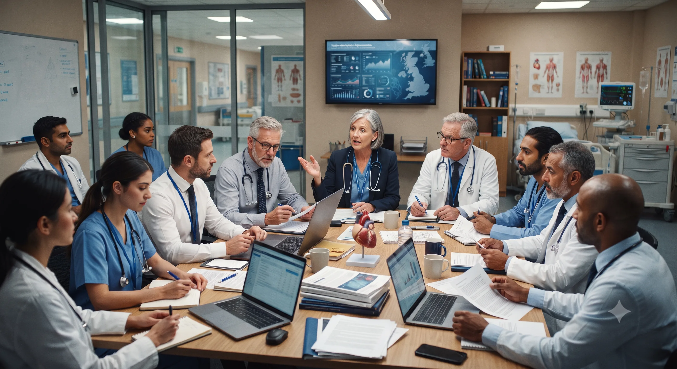 Healthcare professionals discussing clinical evidence around a table
